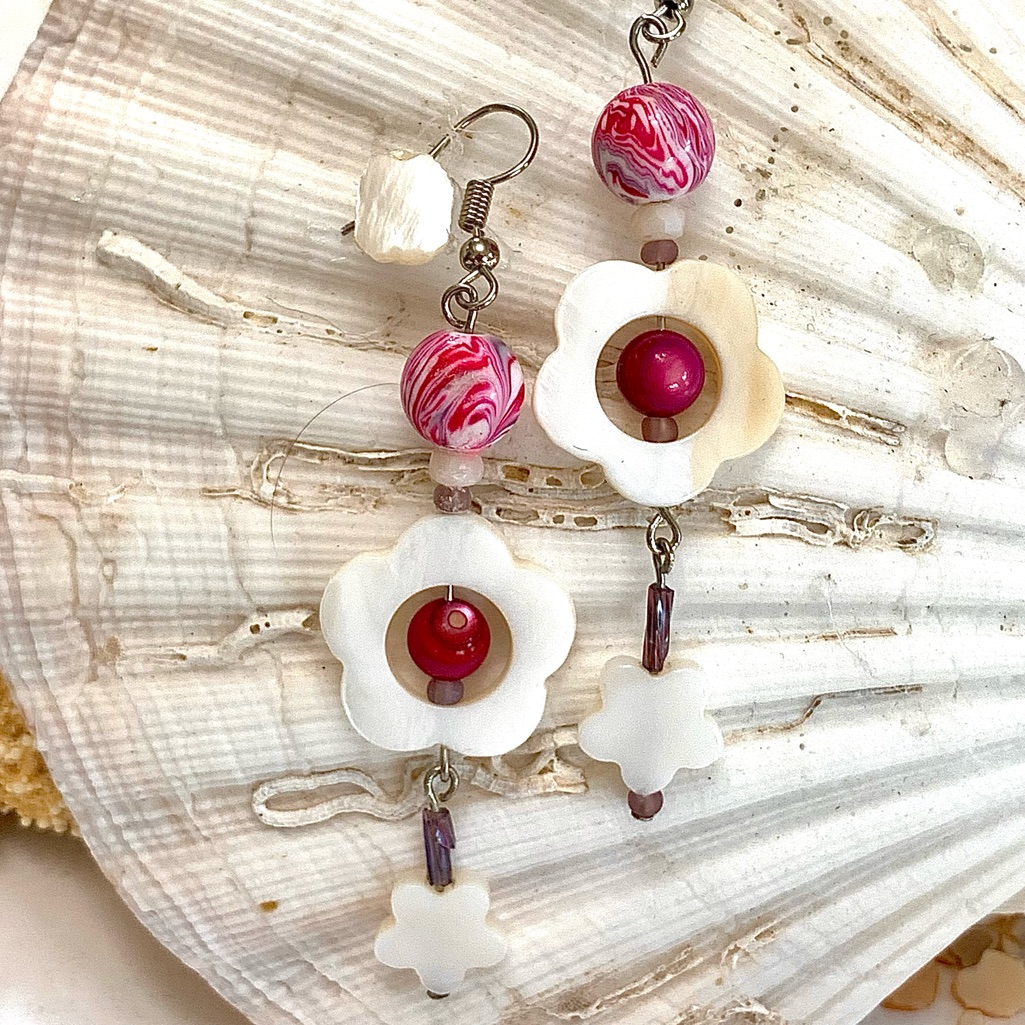 Plum & Cream Floral Shell & Bead Earrings